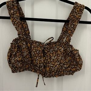 NWTs 70s Inspired Ruched Mini Top with Tie Front and Ruffles, Sz M